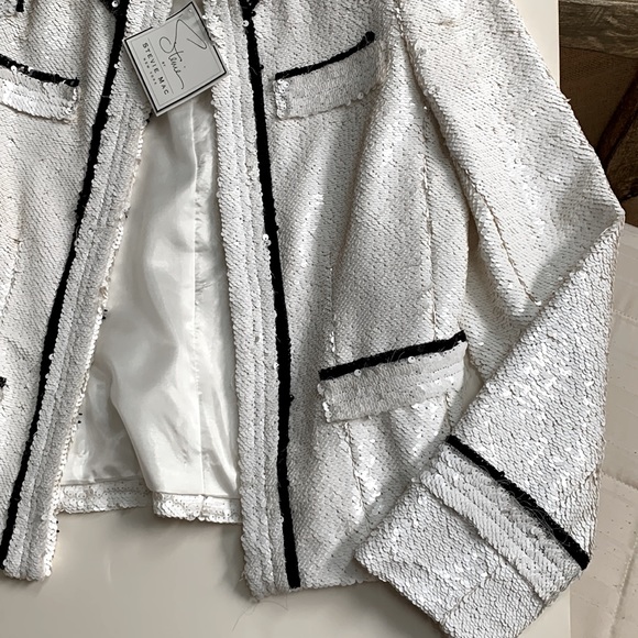 Stevie Mac 🖤🤍NYC Hand Made Couture Like White Sequin Blazer Black Fringe Trim - Picture 4 of 15